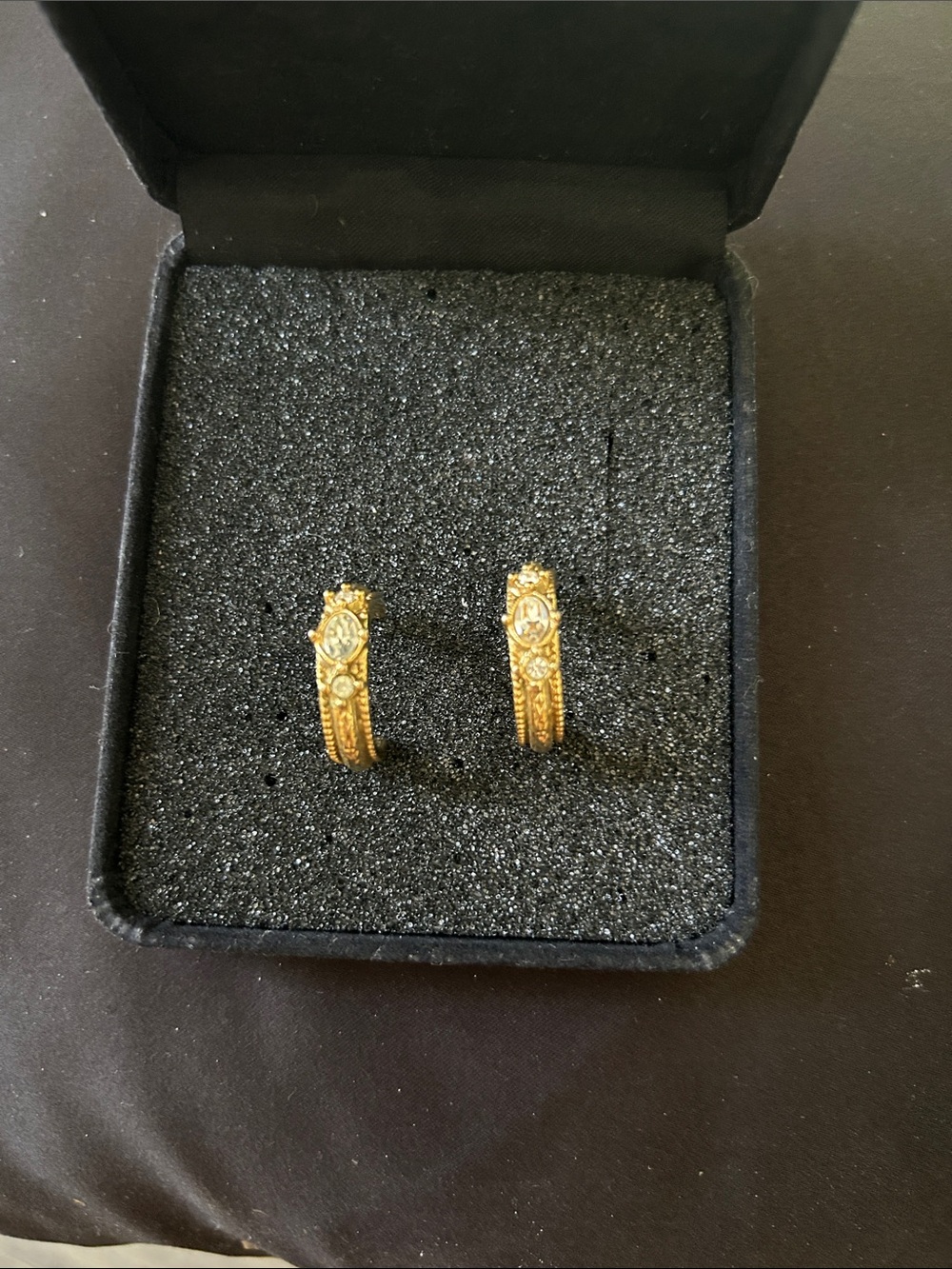 Gold-Tone Textured Hoop Earrings - With 2 round and 1 Oval rhinestones
